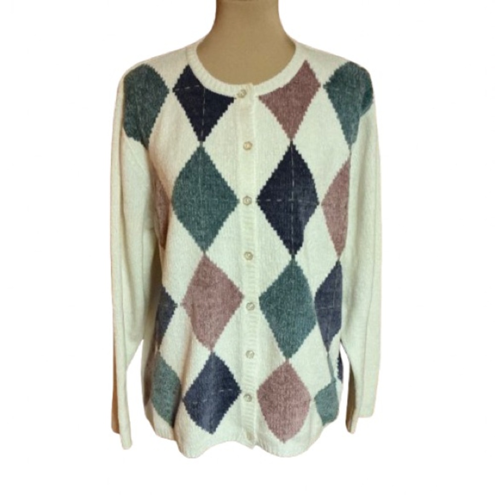 Vtg 90s Alfred Dunner Argyle Cardigan Sweater